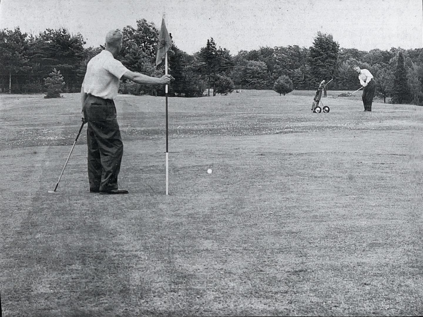 Ed Leeder and Drummond McCarroll in 1955. Ed Leeder was the first owner and built the north course in the early 1950s!

What hole do you think they’re playing?