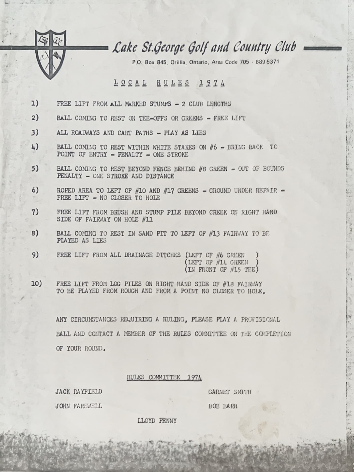 The local rules sheet from the 1974 club championship, which was won by Jack Rayfield. 

Play it as it lies from all cart paths is sick 🔥🔥