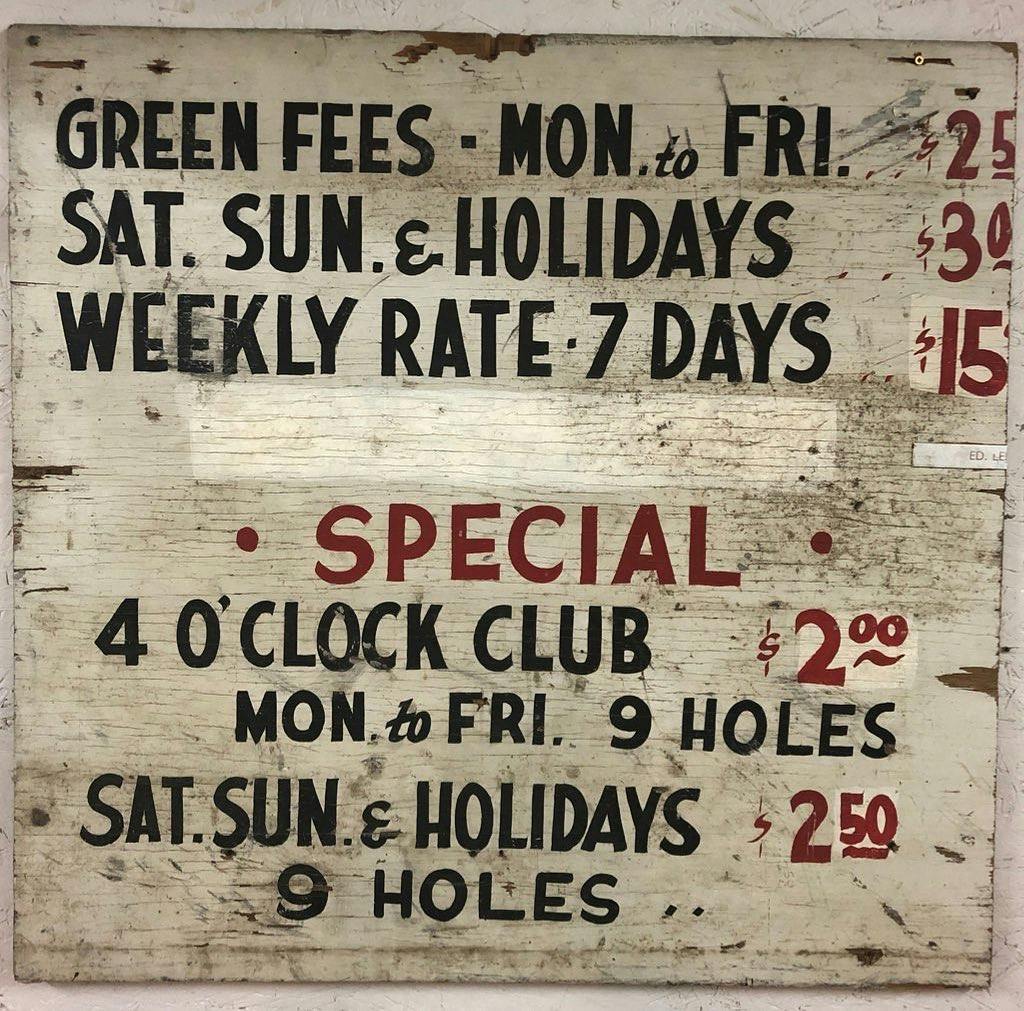 An old rates sign from the pro shop in the 1960s. The right half of the sign has never been found! #PlayTheLake #LSGHistory